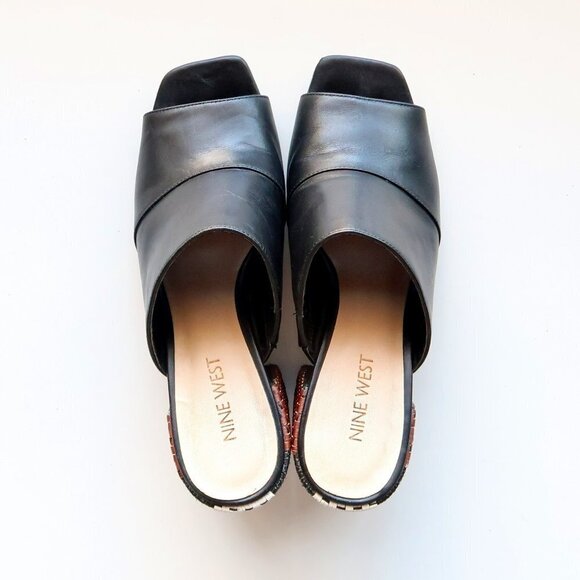 Nine West Janel Black Leather Square Toe Woven Block Heel Mules / Slip On Shoes - Picture 5 of 16